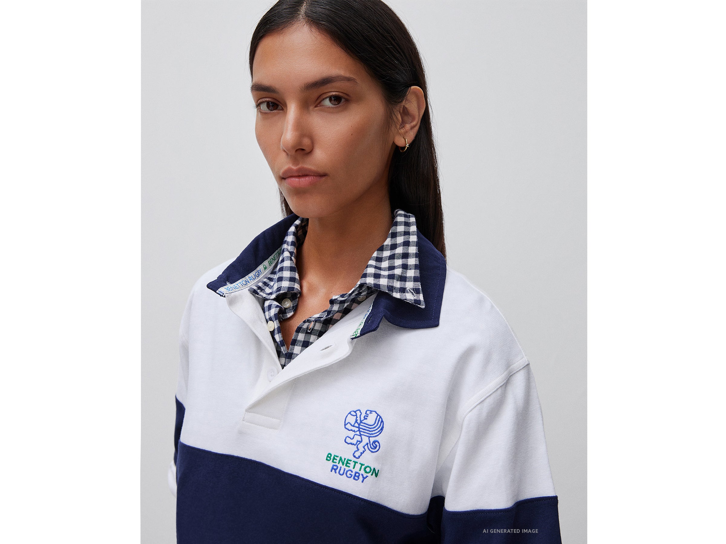 United Colors of Benetton Rugby Polo Manica Lunga Cotone Bianco Blu