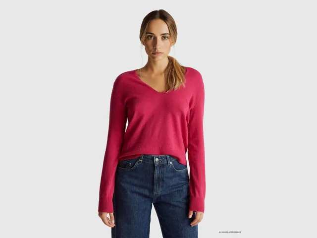 United Colors of Benetton Maglione Fucsia Lana Merino Scollo V