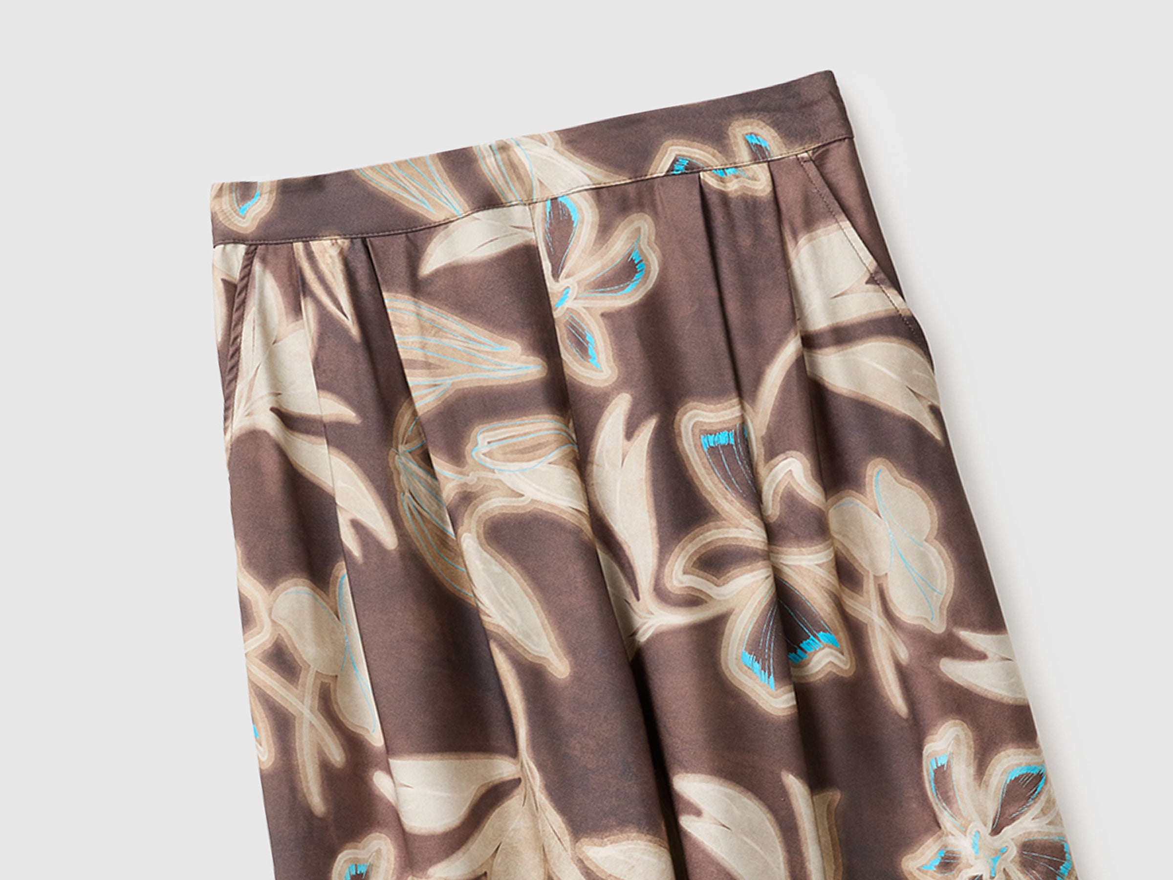 Benetton Trousers Pantaloni Viscosa Fiori Gamba Larga