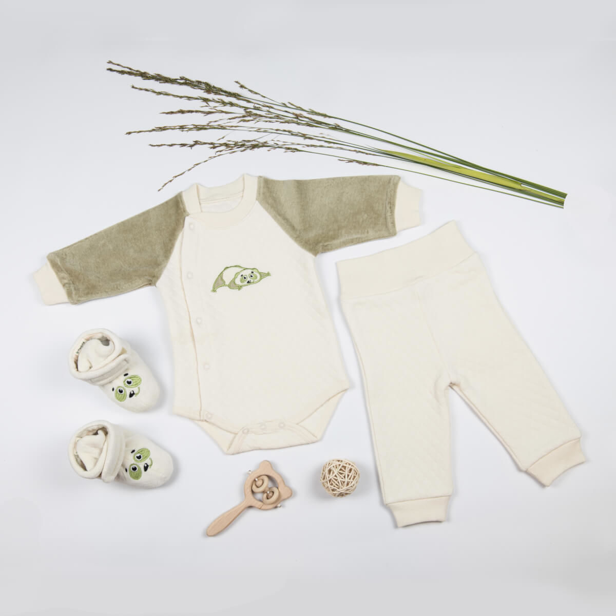 Pamboo set neonato 3 pezzi cotone bio panna body pantaloni