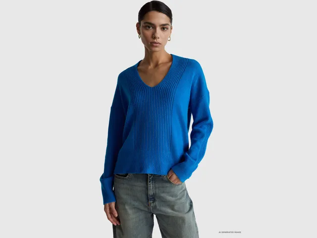 United Colors of Benetton Maglione scollo V lana 100% taglia M