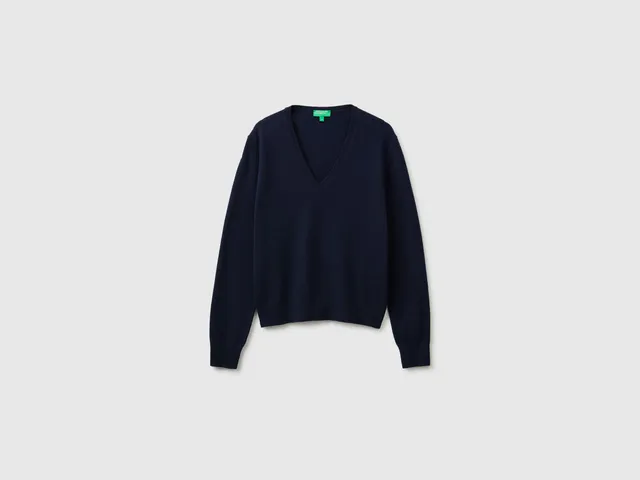 United Colors of Benetton Maglione Lana Merino Scollo V Blu