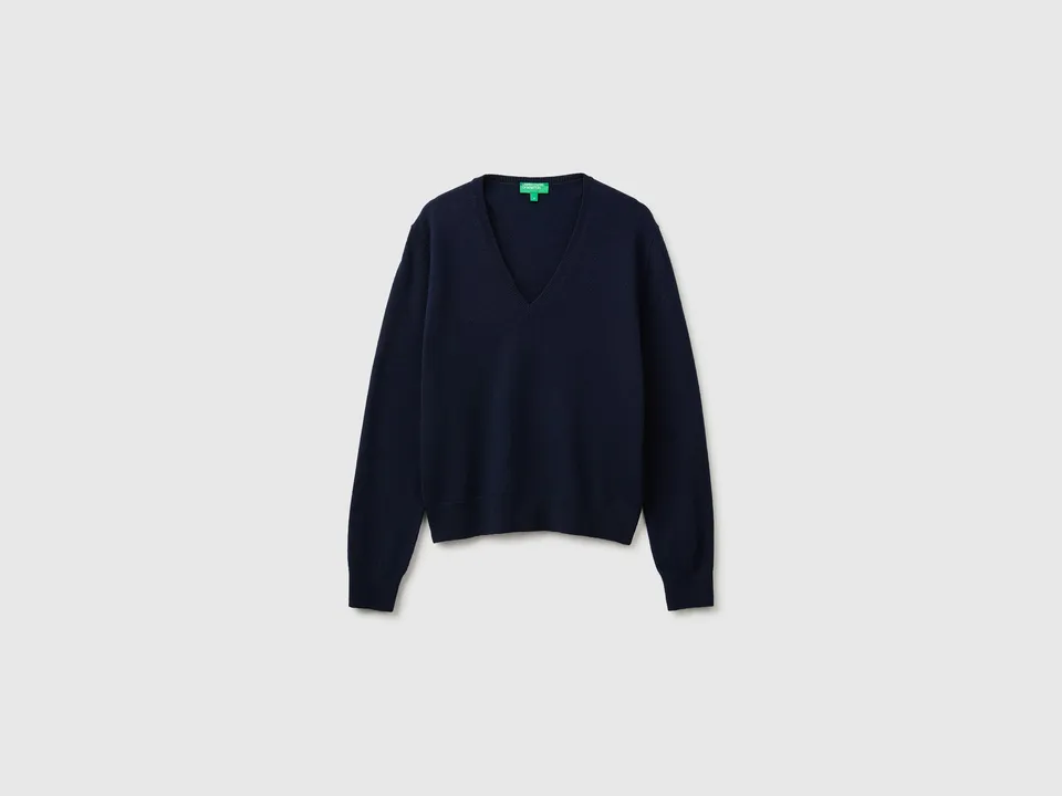 United Colors of Benetton Maglione Lana Merino Scollo V Blu