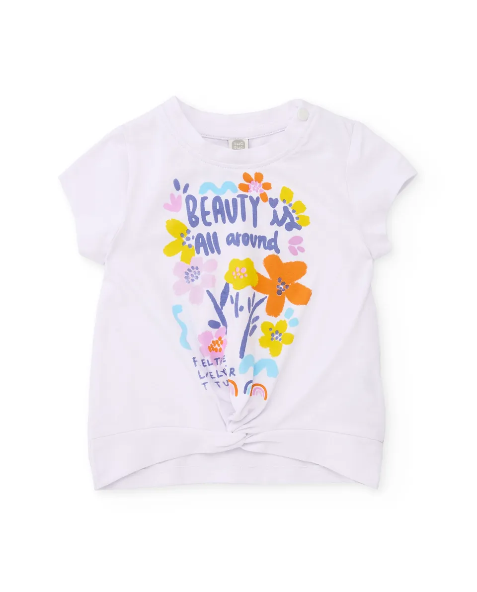TucTuc Magliette T-Shirt Bimba Bianca Fiori Nodo