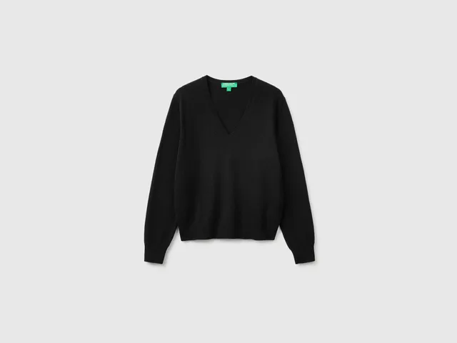 United Colors of Benetton Maglione Lana Merino Scollo a V Nero