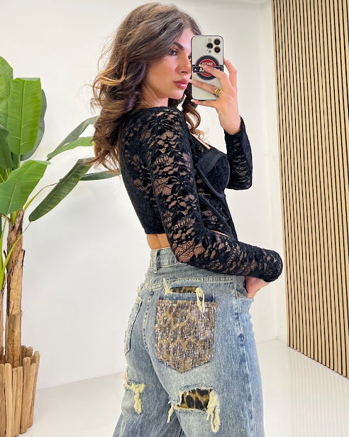 Sottosopra jeyw1900 jeans vita alta tasca maculata strass S