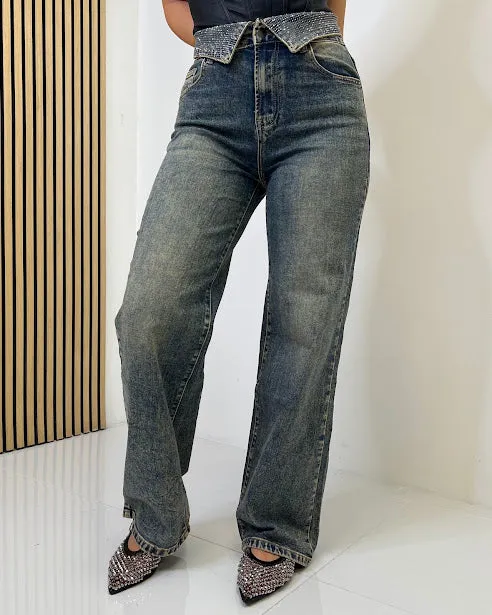 Sottosopra JEJF26 jeans sabbiato strass vita alta