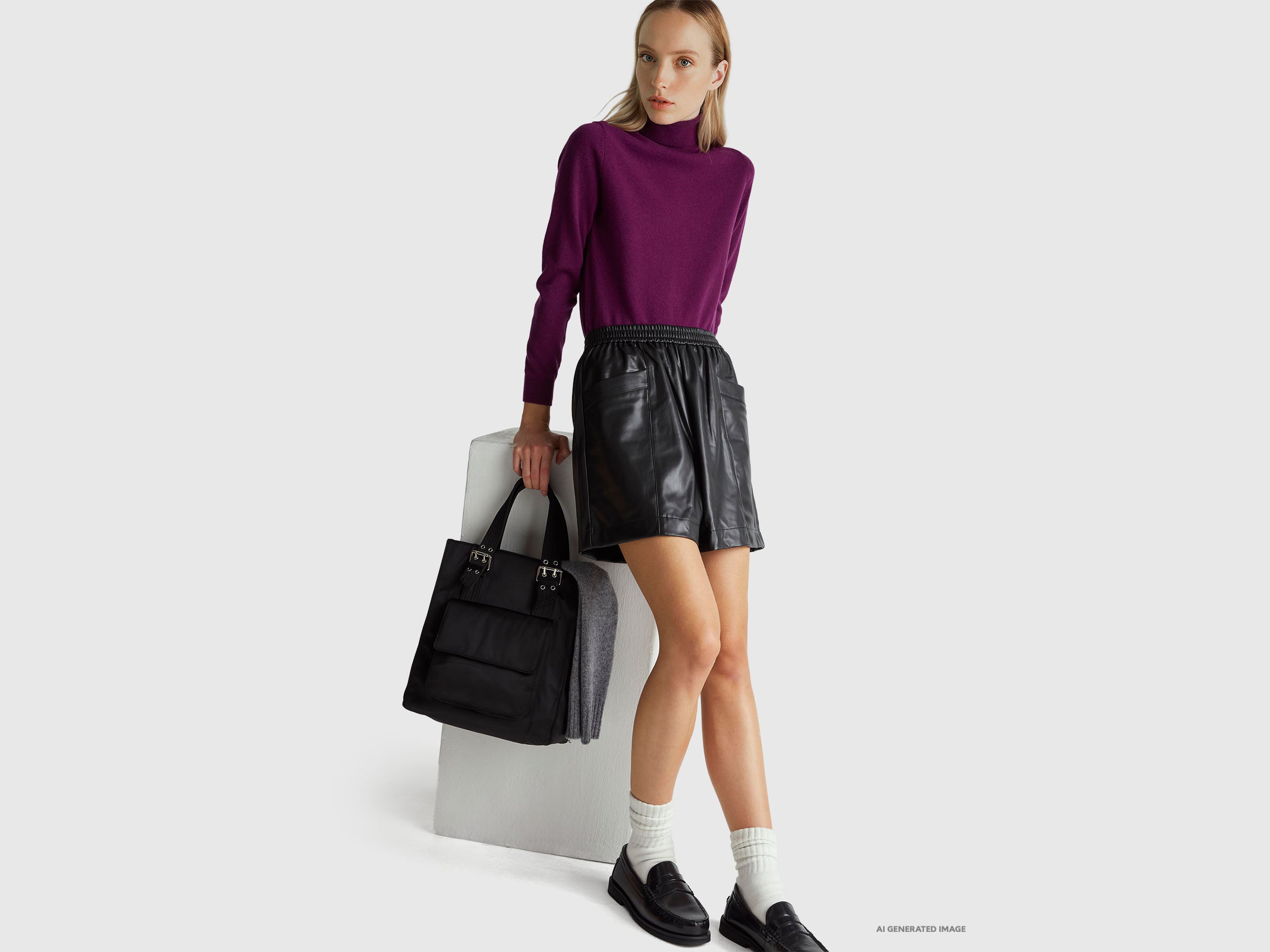 Benetton Maglione Dolcevita Lana Merino Viola