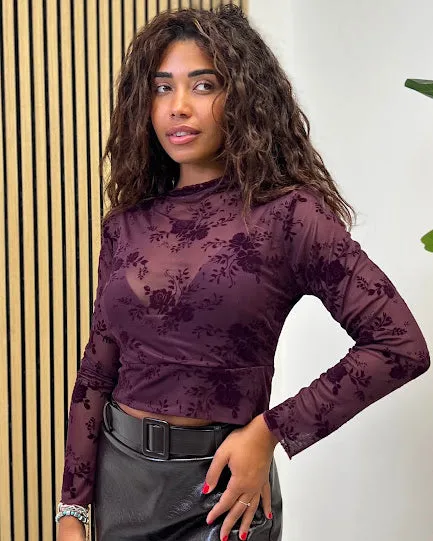 Sottosopra Maglia fi79 crop velo prugna ricami fiori