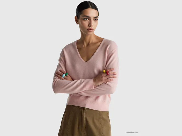 United Colors of Benetton Maglione Scollo V Lana Merino Rosa Taglia S