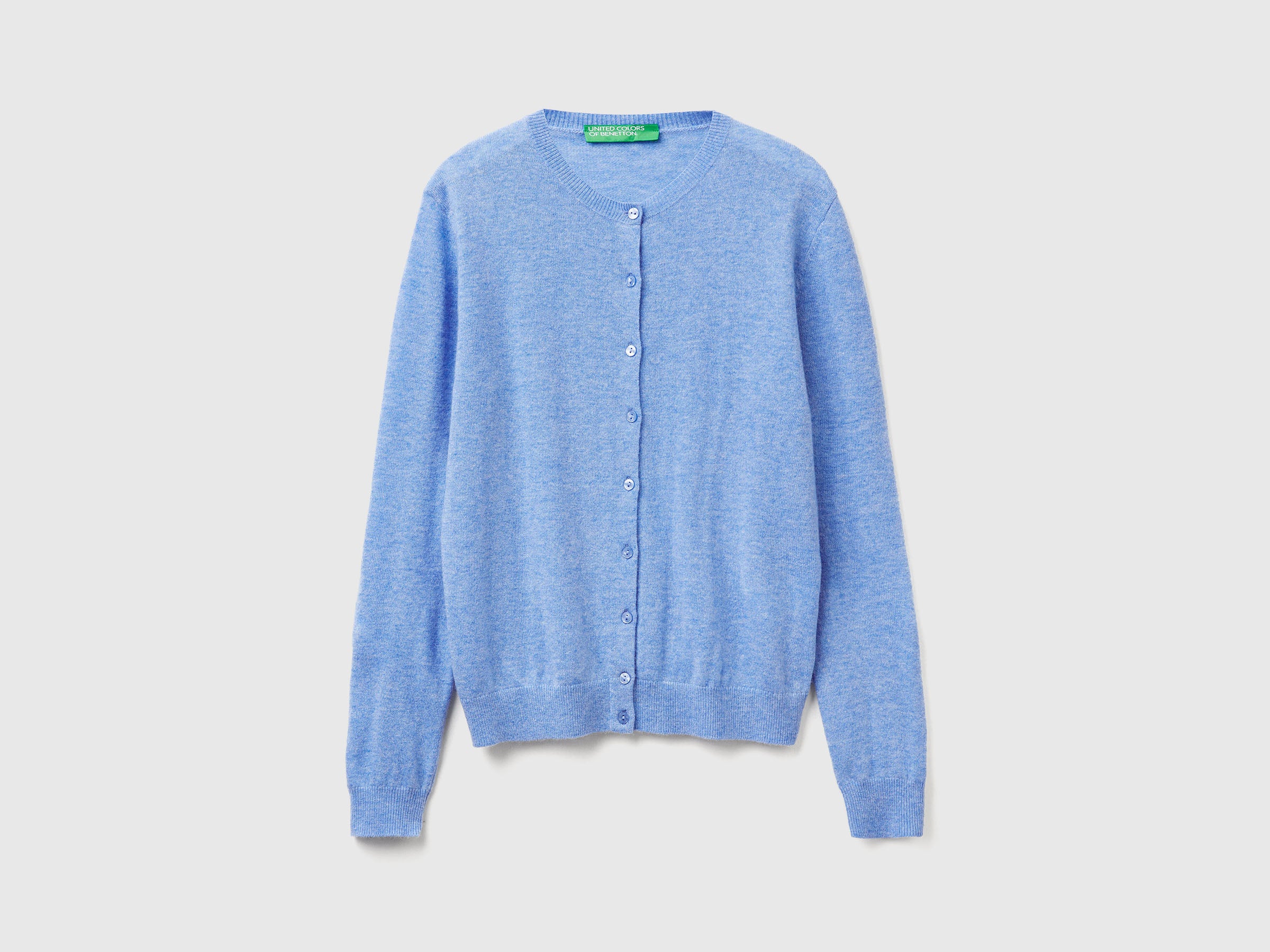 United Colors of Benetton cardigan lana merino azzurro collo rotondo