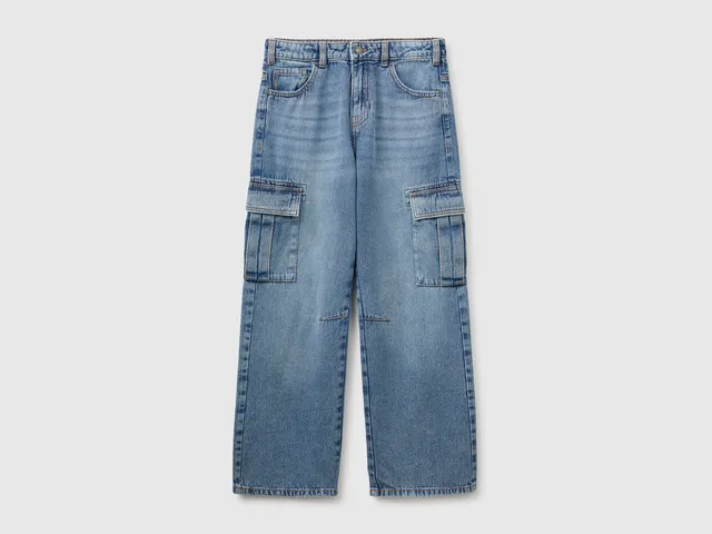 Benetton Cargo jeans loose denim cotone tasche L