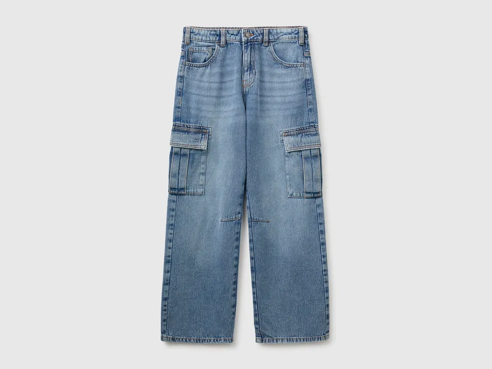 Benetton Cargo jeans loose denim cotone tasche L