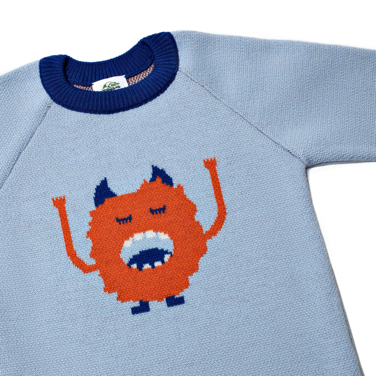 Pamboo Merino Maglione lana bambino blu mostro arancione
