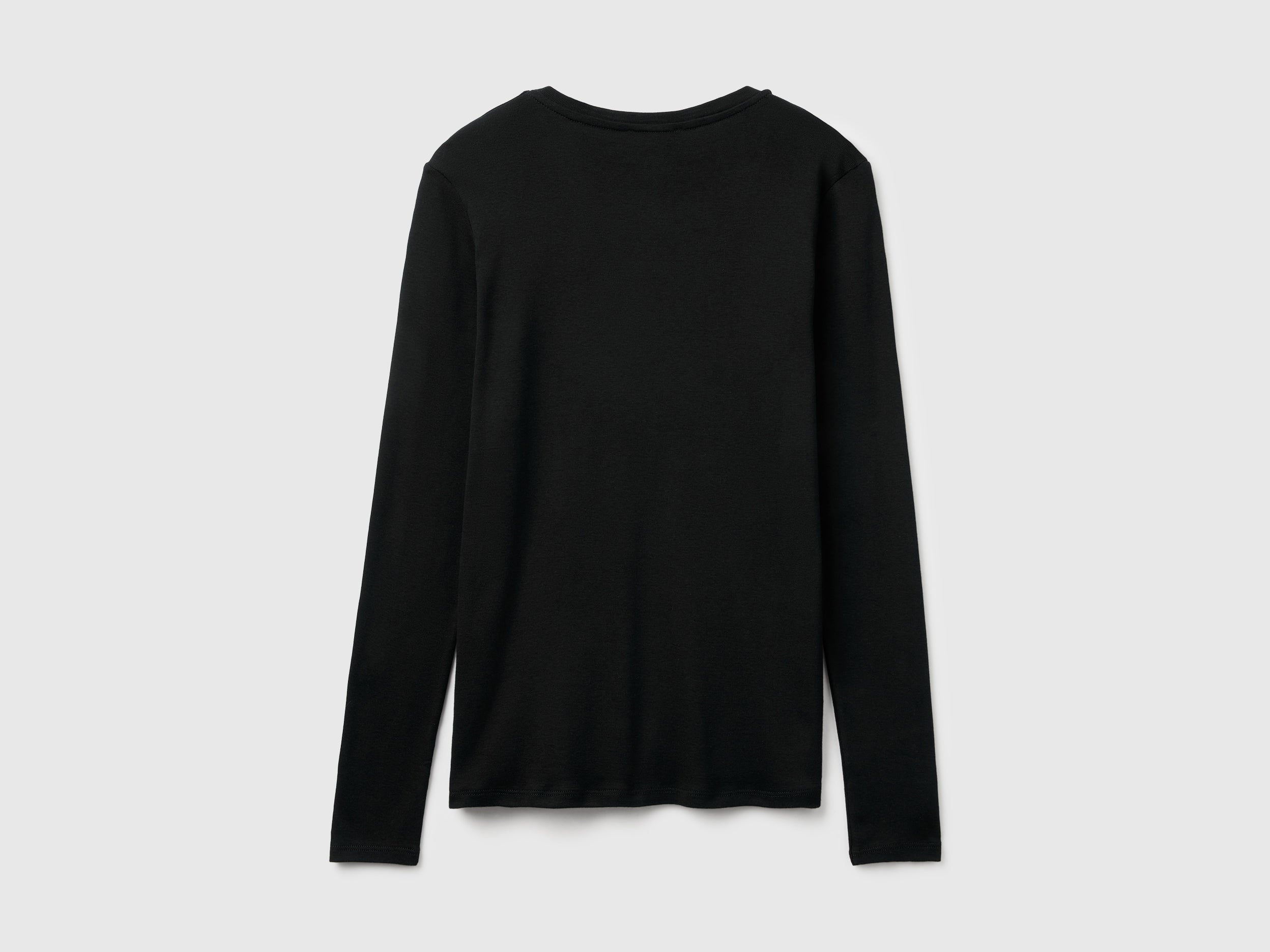 United Colors of Benetton T-shirt Nera Scollo V Cotone Maniche Lunghe
