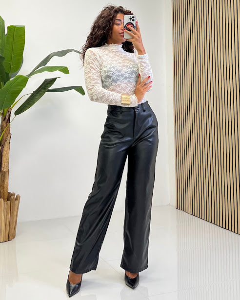 Sottosopra gm6 pantalone palazzo ecopelle nero elastico