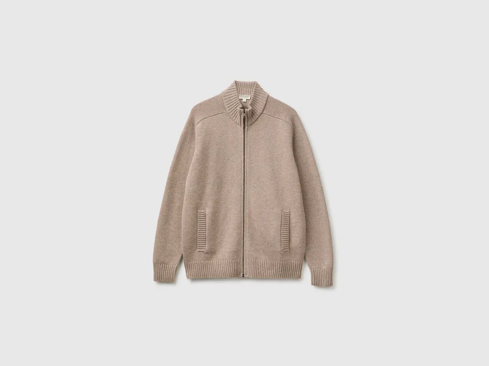 Benetton cardigan zip lana merino collo alto M