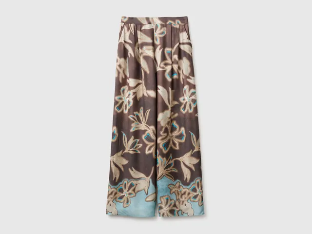 Benetton Trousers Pantaloni Viscosa Fiori Gamba Larga