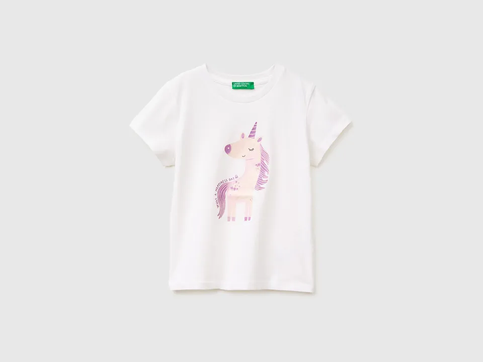 Benetton T-shirt Stampa Glitter Maglietta 82 Cotone Biologico