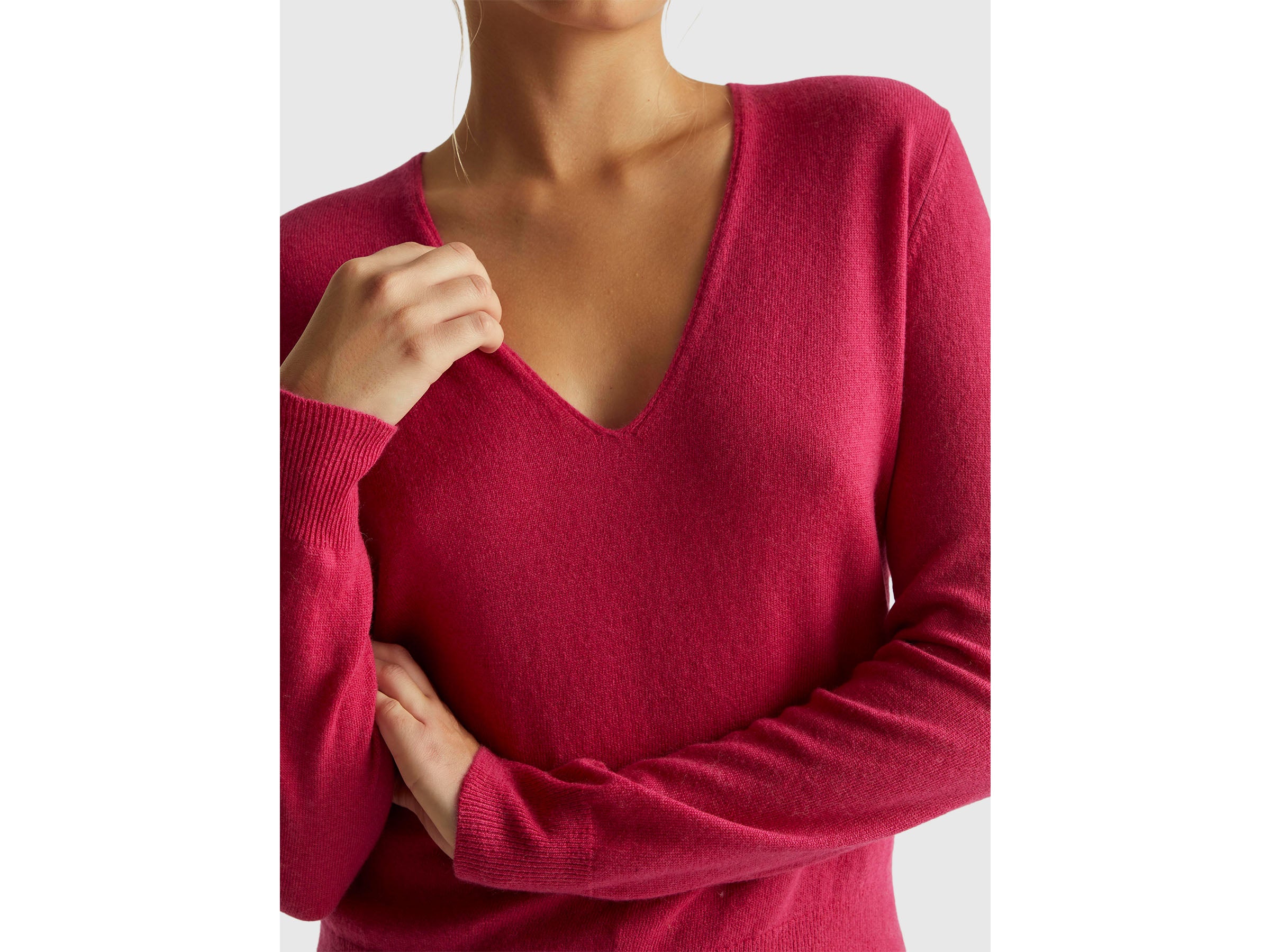 United Colors of Benetton Maglione Fucsia Lana Merino Scollo V