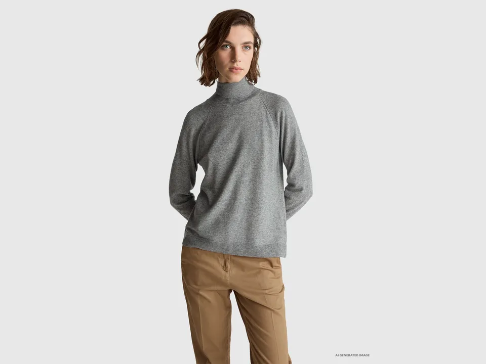 United Colors of Benetton Maglione Dolcevita Lana Cashmere Grigio