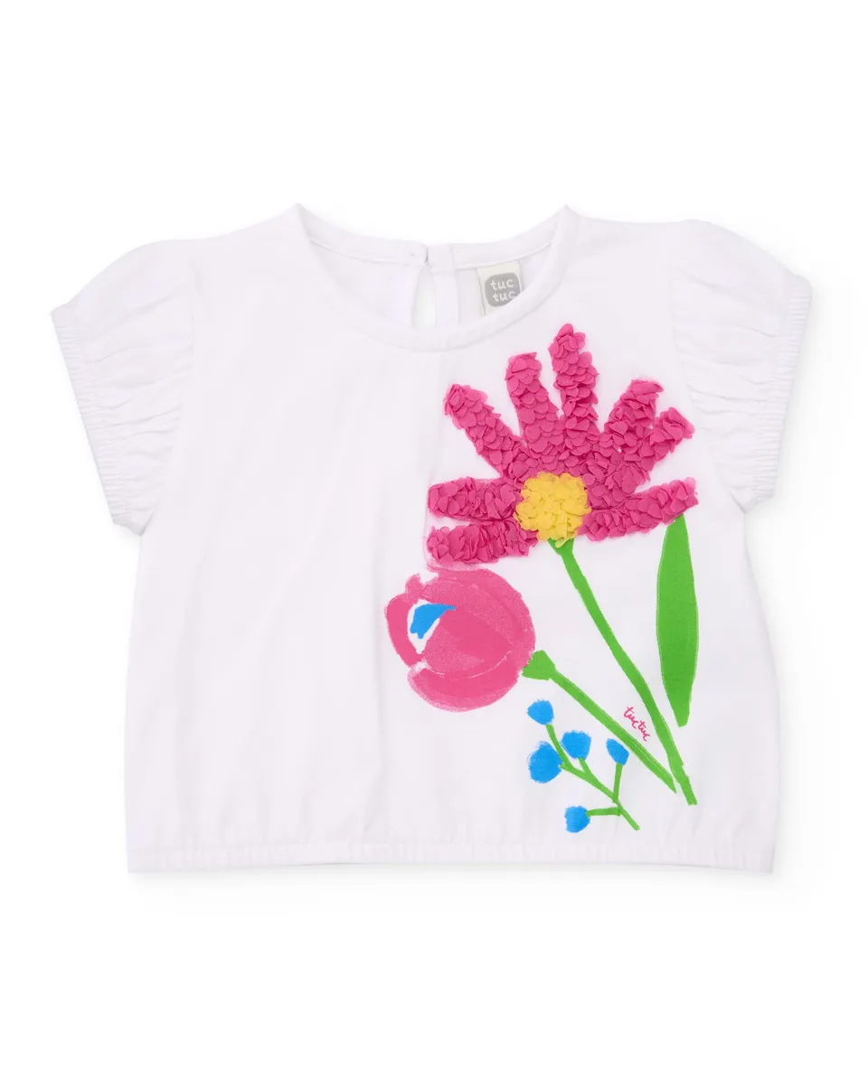 TucTuc Magliette T-shirt bambina bianca fiore rilievo