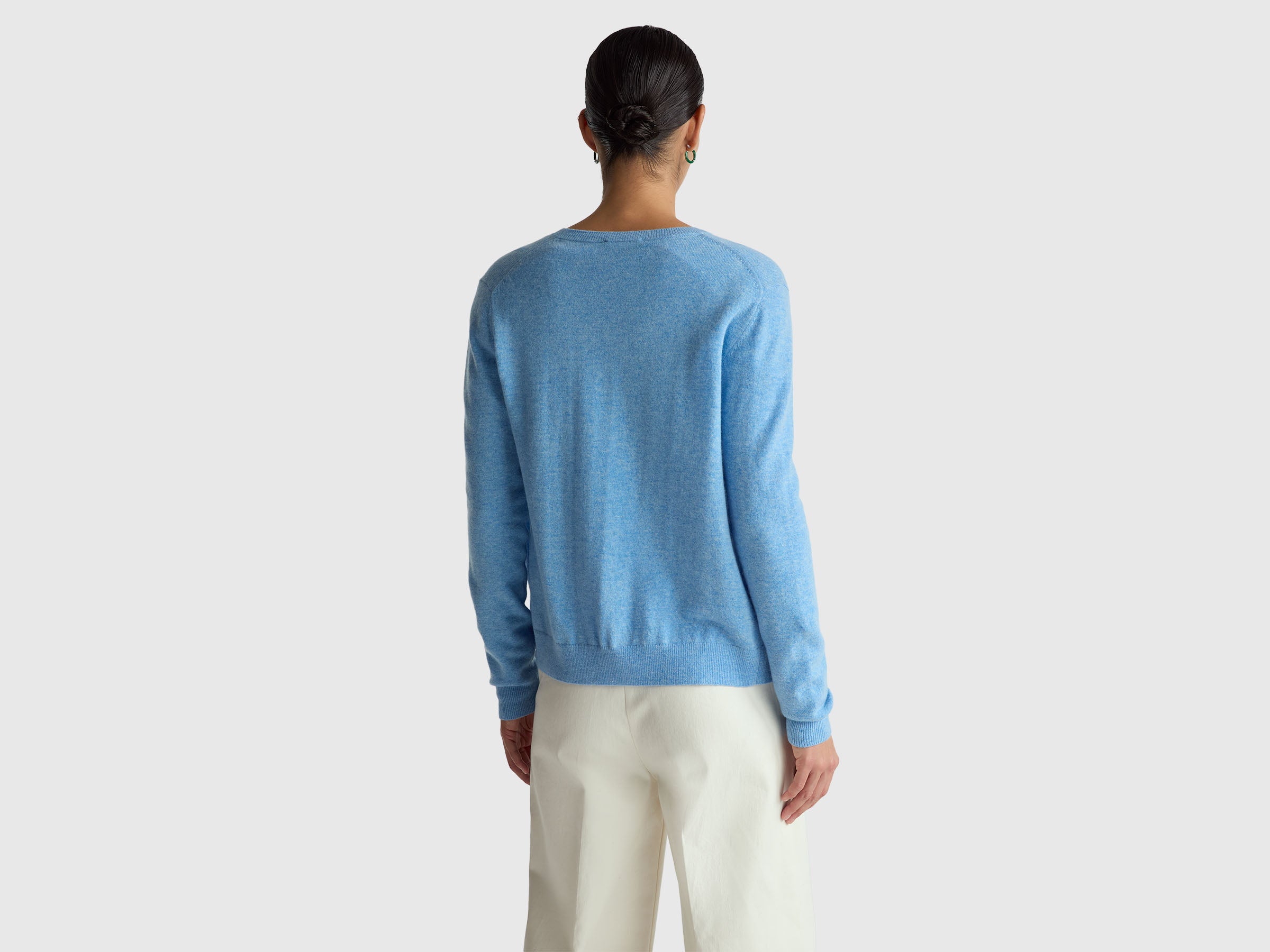 United Colors of Benetton cardigan lana merino azzurro collo rotondo