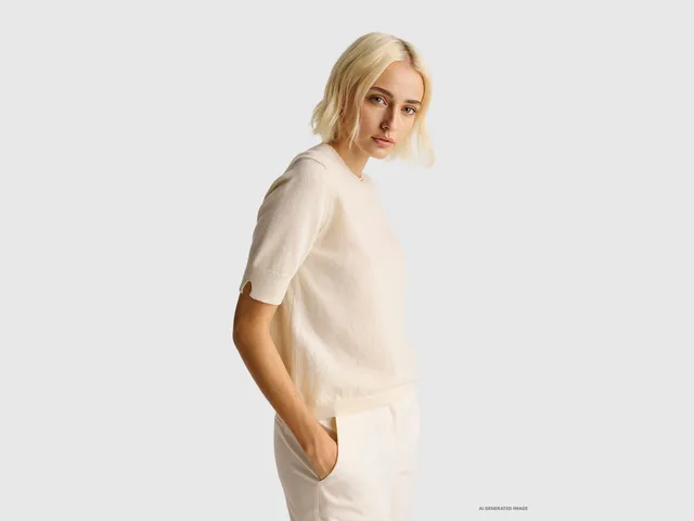 United Colors of Benetton Maglione Manica Corta Lana Merino Crema M