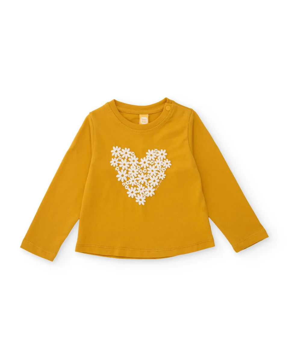 TucTuc Magliette t-shirt bambina senape fiori maniche lunghe