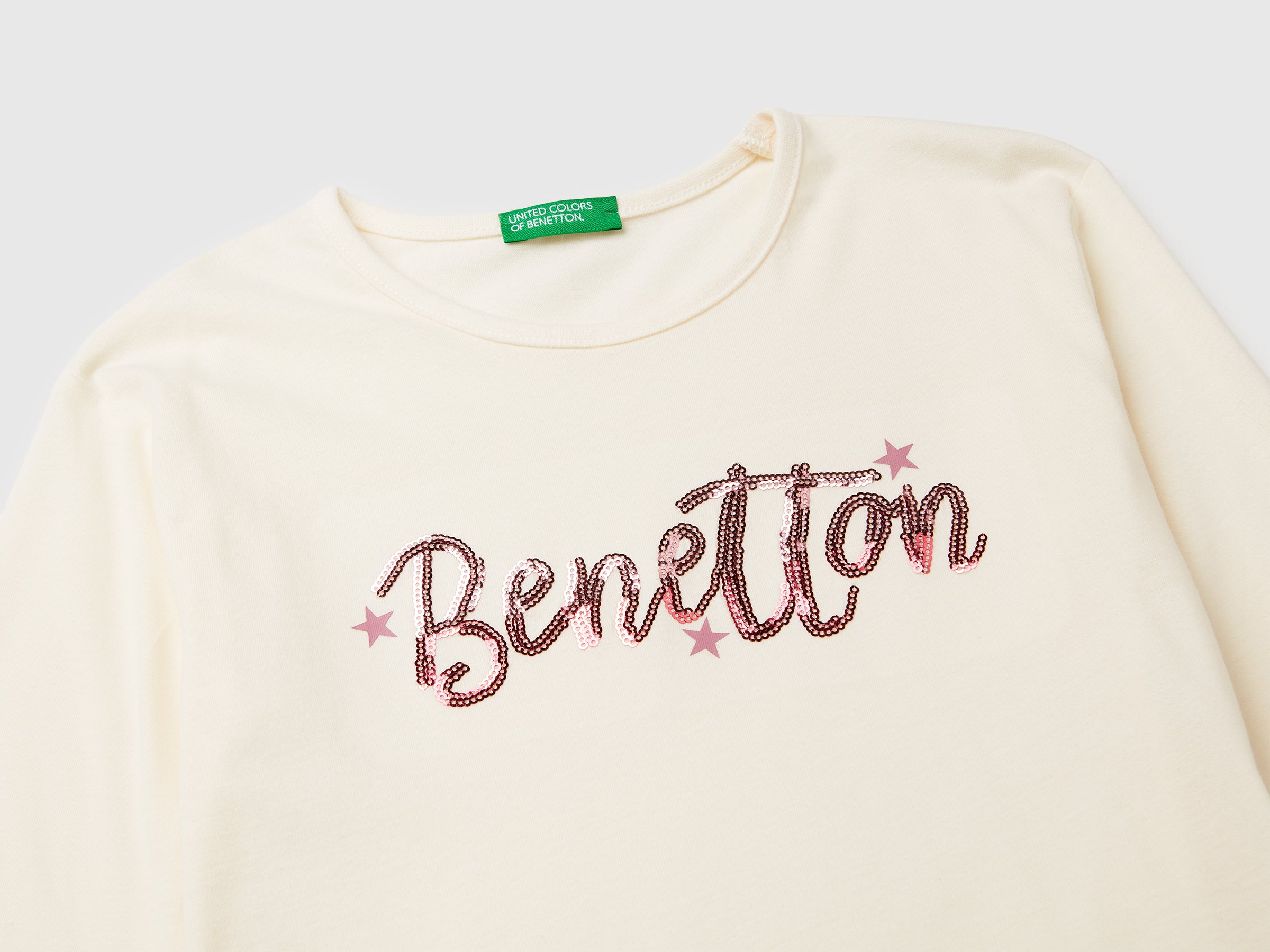 Benetton T-Shirt paillettes maglietta cotone bio manica lunga