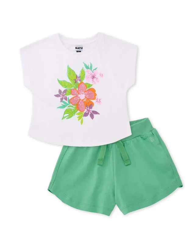 TucTuc Completi Bambina Bianco Verde Floreale T-Shirt+Short