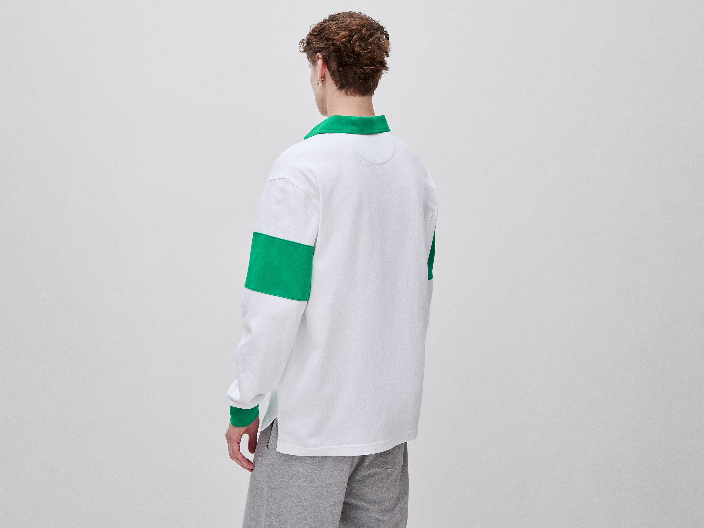 United Colors of Benetton Polo Rugby cotone bianco verde maniche lunghe