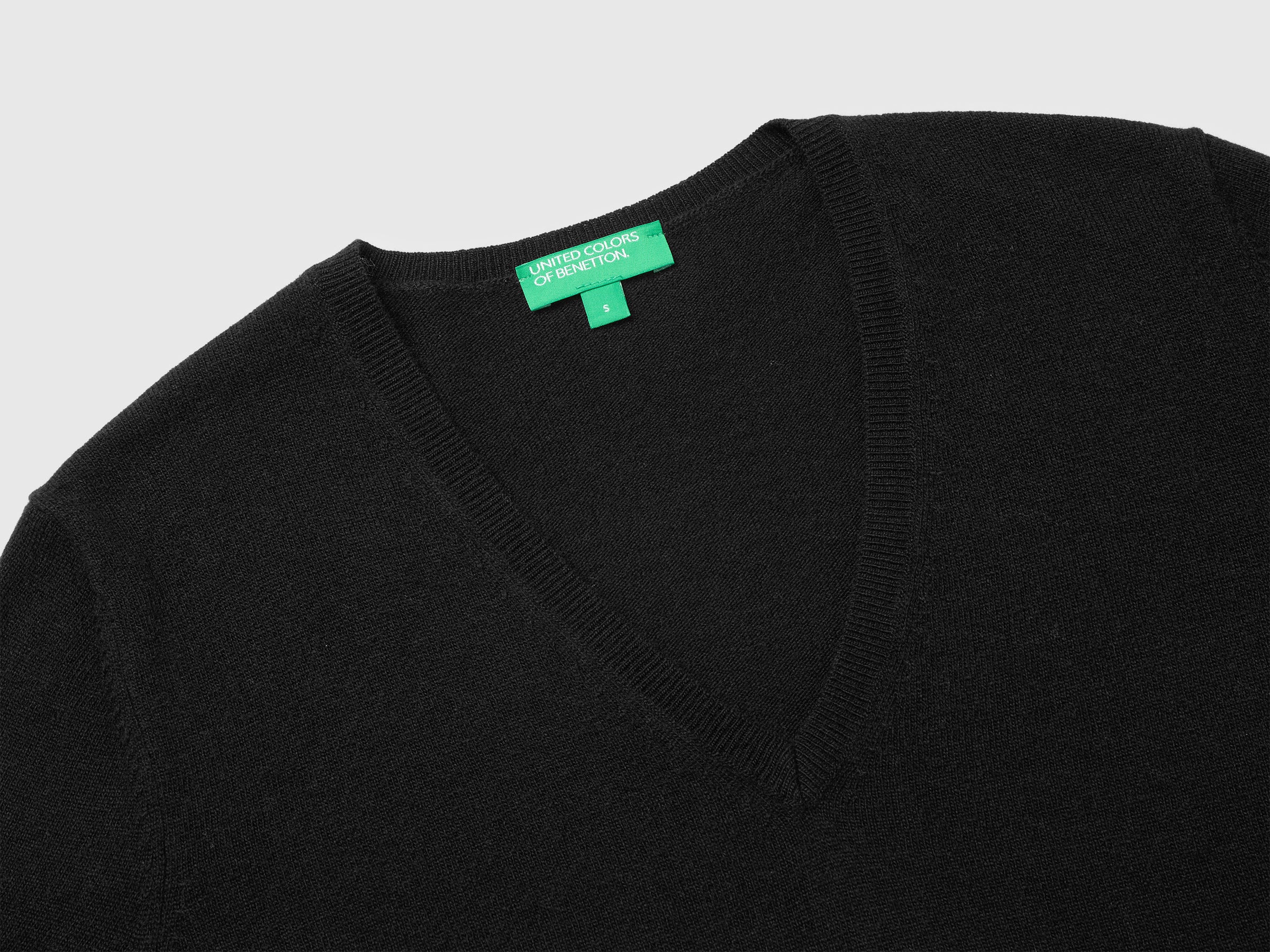United Colors of Benetton Maglione Lana Merino Scollo a V Nero