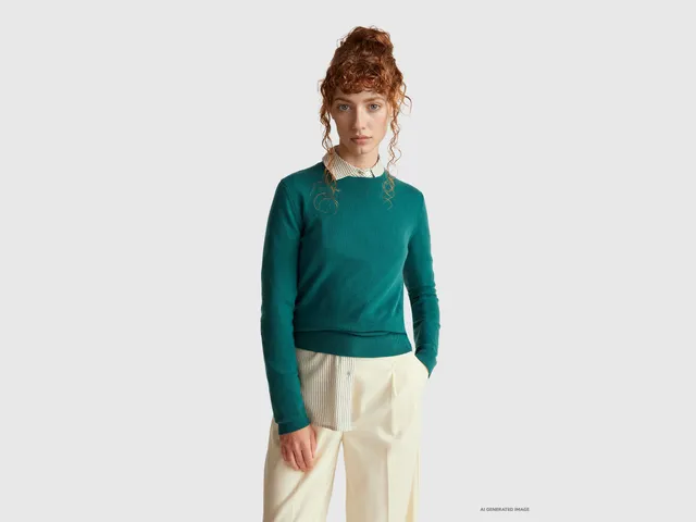 United Colors of Benetton Maglione Verde Lana Merino Taglia M