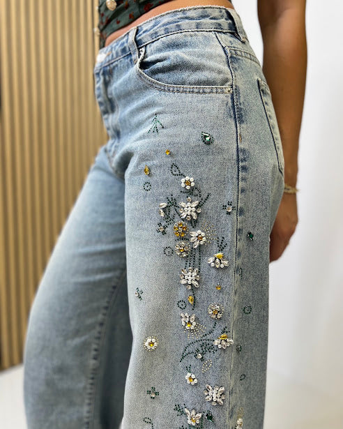 Sottosopra Donna Jea5260 jeans baggy fiori perline L