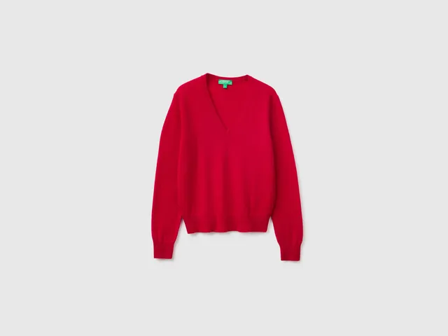 United Colors of Benetton Maglione Scollo V Rosso Prugna Lana Merino