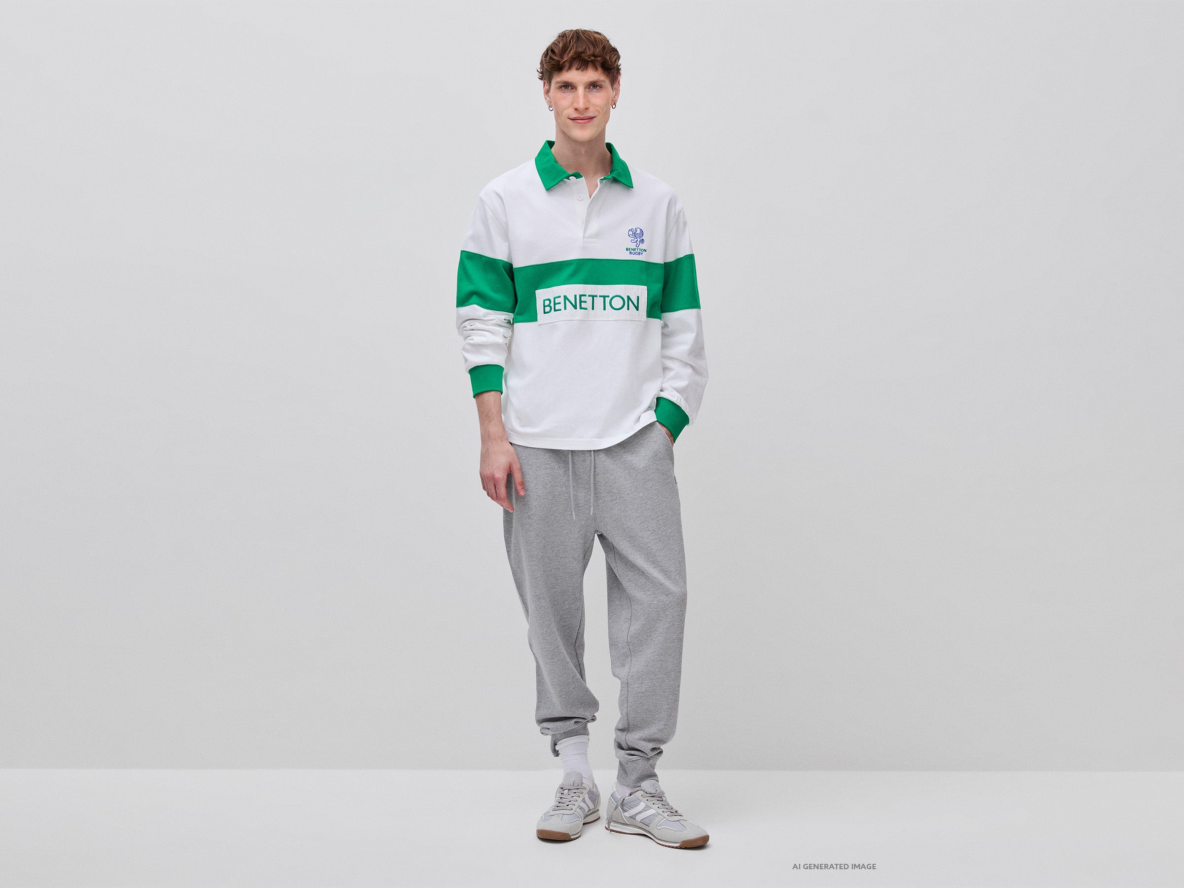 United Colors of Benetton Polo Rugby cotone bianco verde maniche lunghe