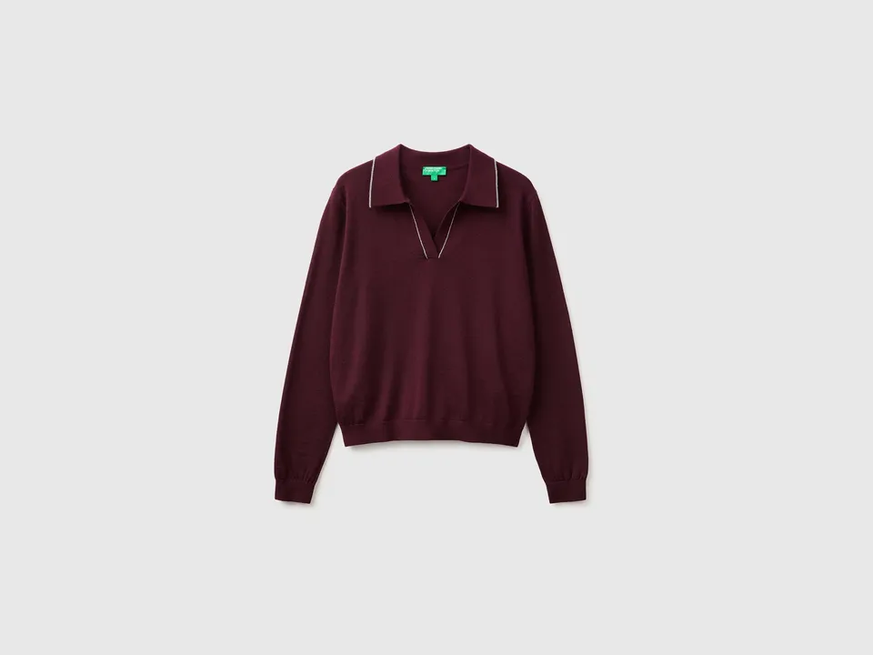 Benetton Sweaters maglione polo lana merino scollo V taglia M