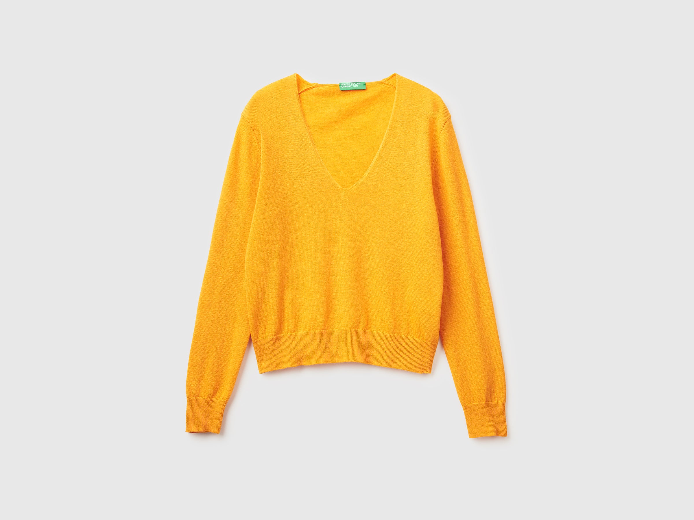 Benetton maglione scollo V giallo ocra pura lana Merino