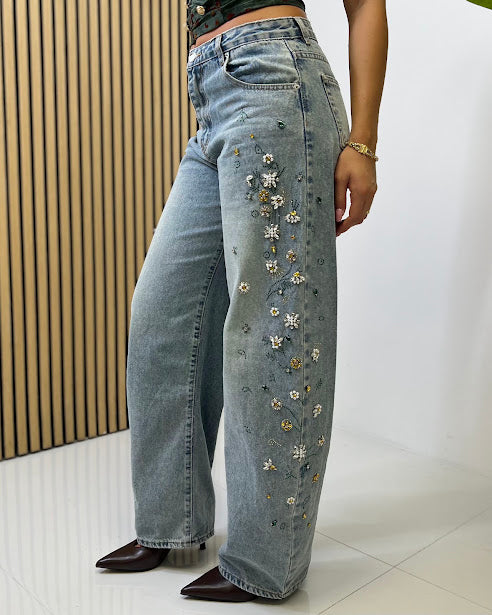 Sottosopra Donna Jea5260 jeans baggy fiori perline L