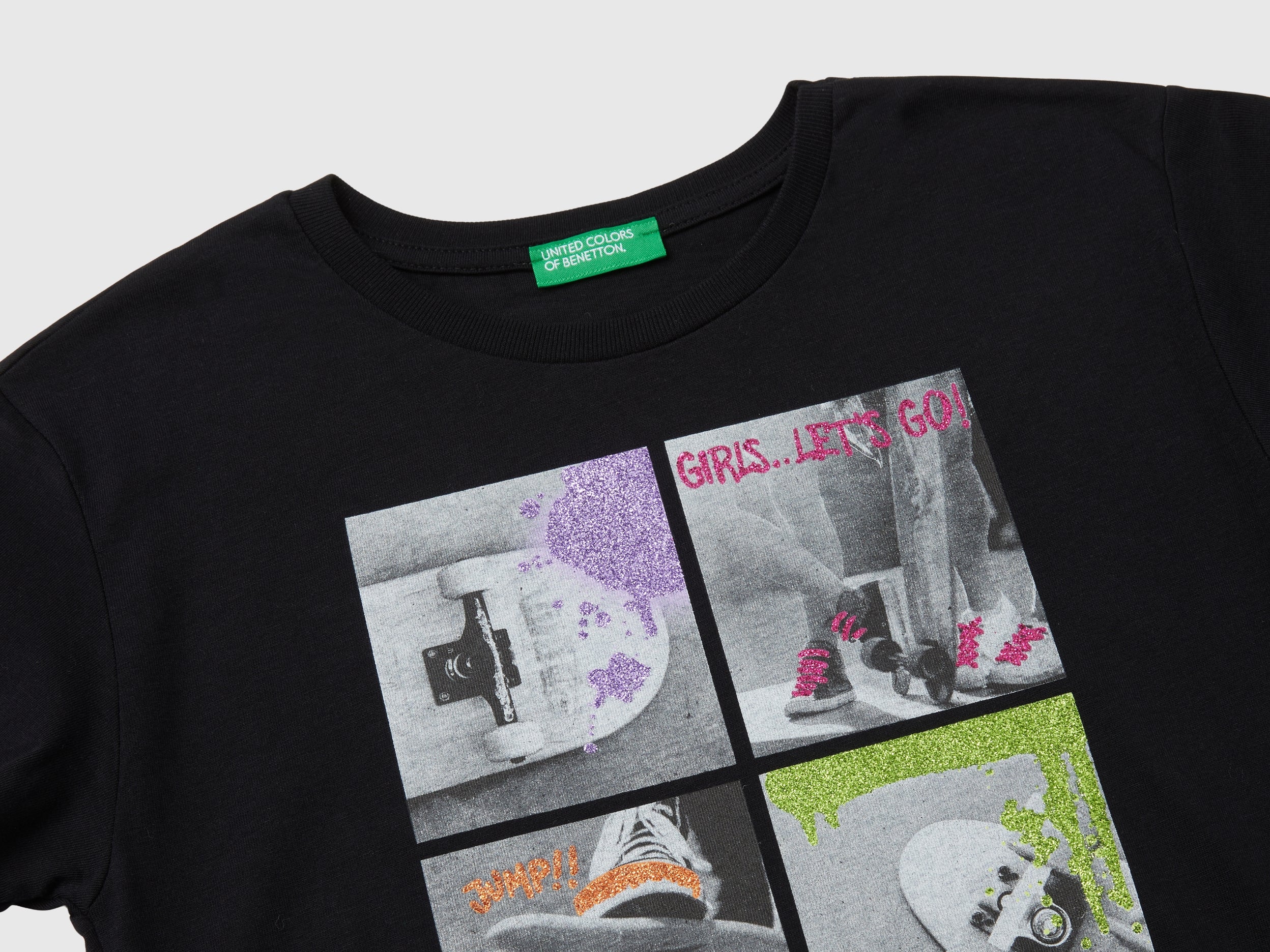 United Colors of Benetton T-shirt stampa foto glitter manica lunga M cotone bio