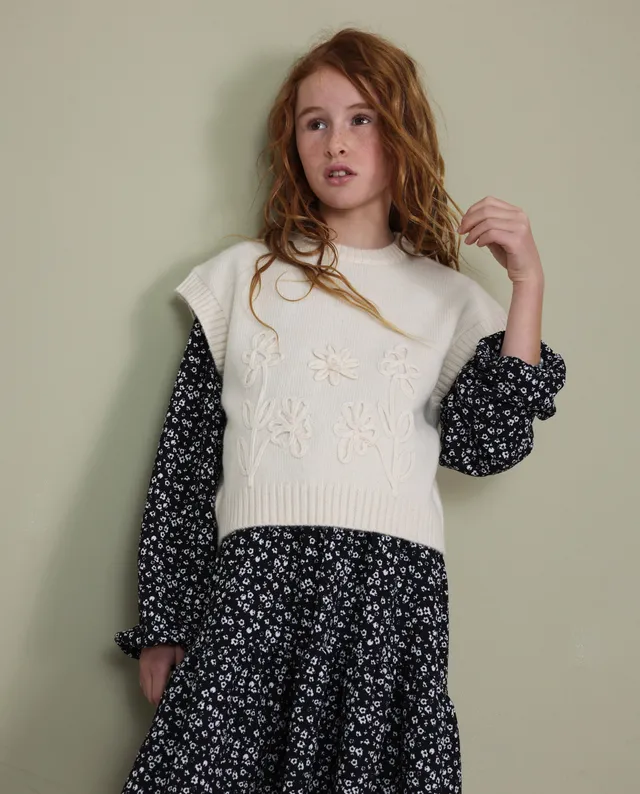 TucTuc Maglioni Gilet bambina beige ricamo floreale tricot
