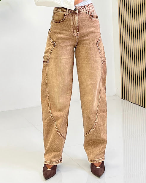 Sottosopra jejf540 jeans donna barrel fango S tasche sfumato