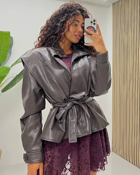 Sottosopra je2933 giacca donna nero ecopelle con cintura