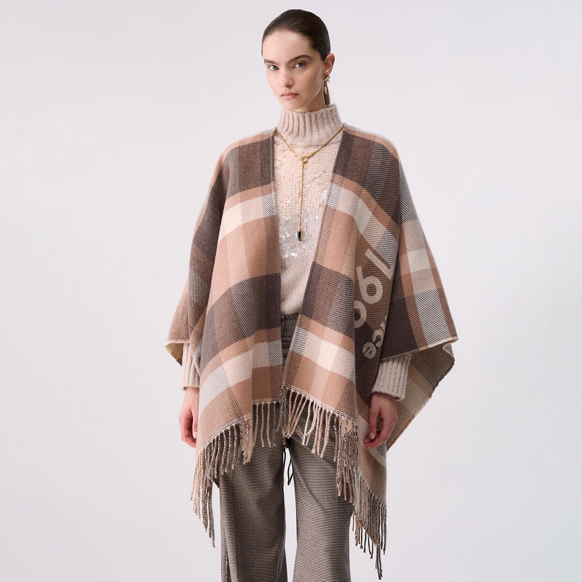 Liu Jo Poncho Check Jacquard mantella marrone